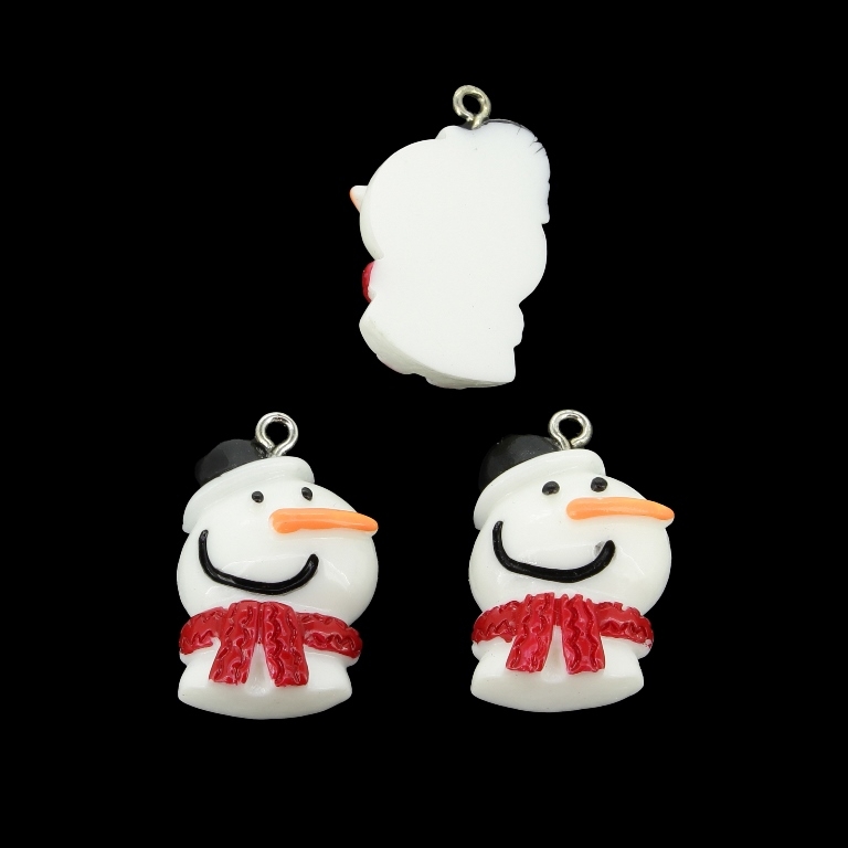 PLASTIC BEADS - RESIN 3D - PENDANT - SNOWMAN 09 - 18x30x10mm WHITE-RED-BLACK - 2pcs. Hole-2.0mm