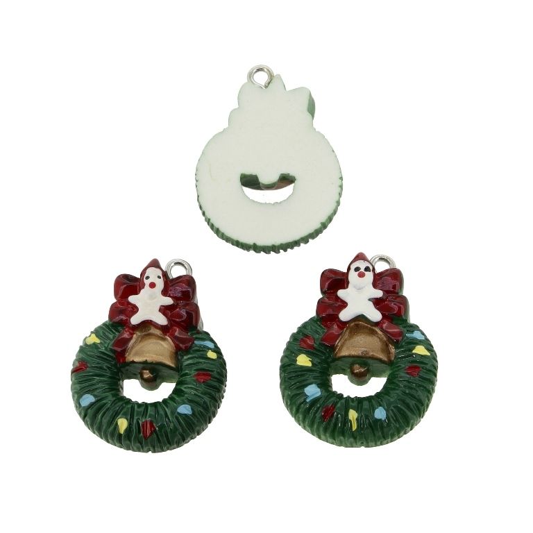 PLASTIC BEADS - RESIN 3D - PENDANT - CHRISTMAS WREATH 01 - 22x29x8mm GREEN (DARK)-RED-WHITE - PACKAGE 30pcs. Hole-2.0mm