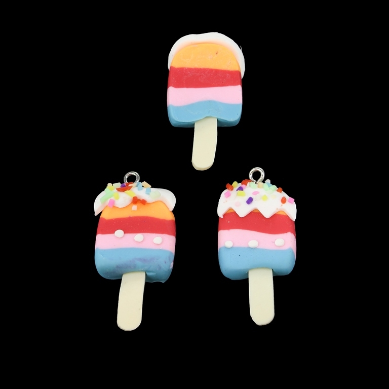 PLASTIC BEADS - RESIN 3D - PENDANT - ICE CREAM ON STICK 02 - 19x36x8mm PINK (DARK)-PINK (LIGHT)-BLUE-WHITE - 2pcs. Hole-2.0mm