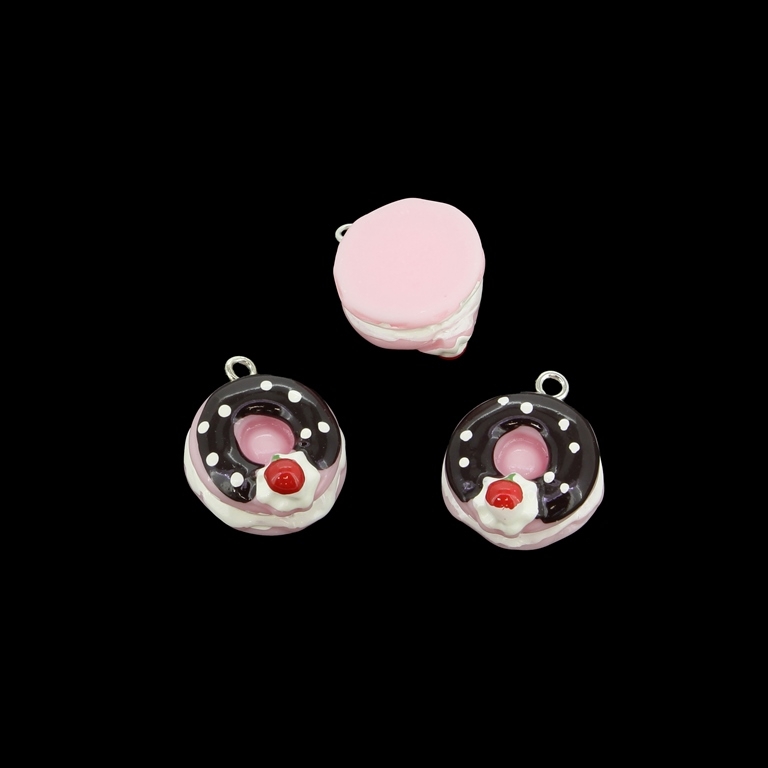 PLASTIC BEADS - RESIN 3D - PENDANT - DONUT WITH STRAWBERRY 02 - 19x22x11mm PINK-BROWN (DARK)-WHITE-RED - 2pcs. Hole-2.0mm