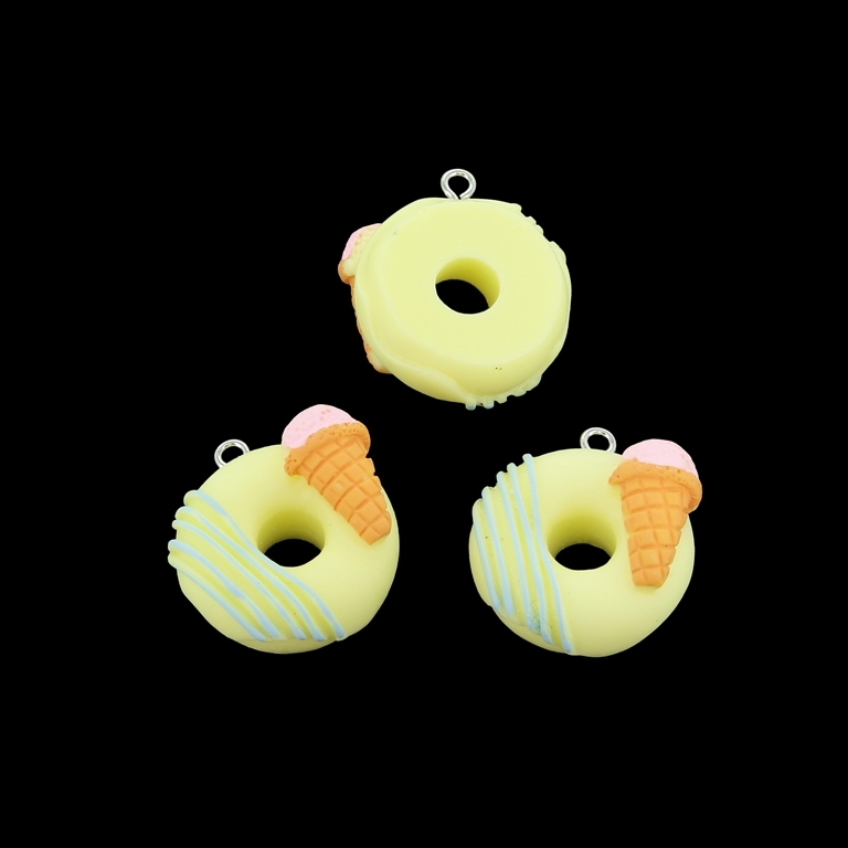 PLASTIC BEADS - RESIN 3D - PENDANT - DONUT WITH ICE CREAM 01 - 23x26x14mm YELLOW (LIGHT)-ORANGE-PINK-BLUE - PACKAGE 30pcs. Hole-2.0mm