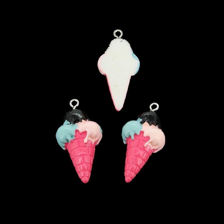 PLASTIC BEADS - RESIN 3D - PENDANT - ICE CREAM 02 - 18x35x7mm PINK-BLUE-PINK (LIGHT)-BLACK - 2pcs. Hole-2.0mm