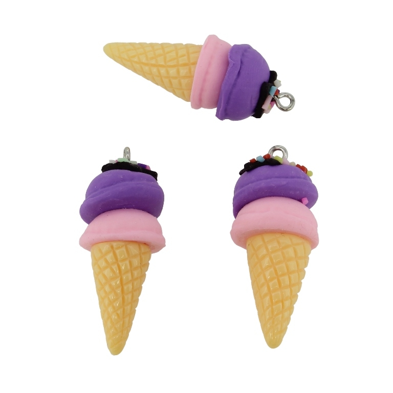 PLASTIC BEADS - RESIN 3D - PENDANT - ICE CREAM 05 - 17x38xmm ECRU-PINK-PURPLE-BLACK - 2pcs. Hole-2.0mm