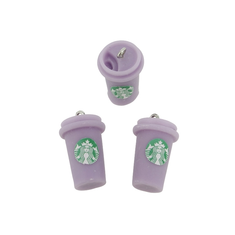 PLASTIC BEADS - RESIN 3D - PENDANT - COFFEE CUP 02 - 15x25mm PURPLE (LIGHT)-GREEN-WHITE - 2pcs. Hole-2.0mm