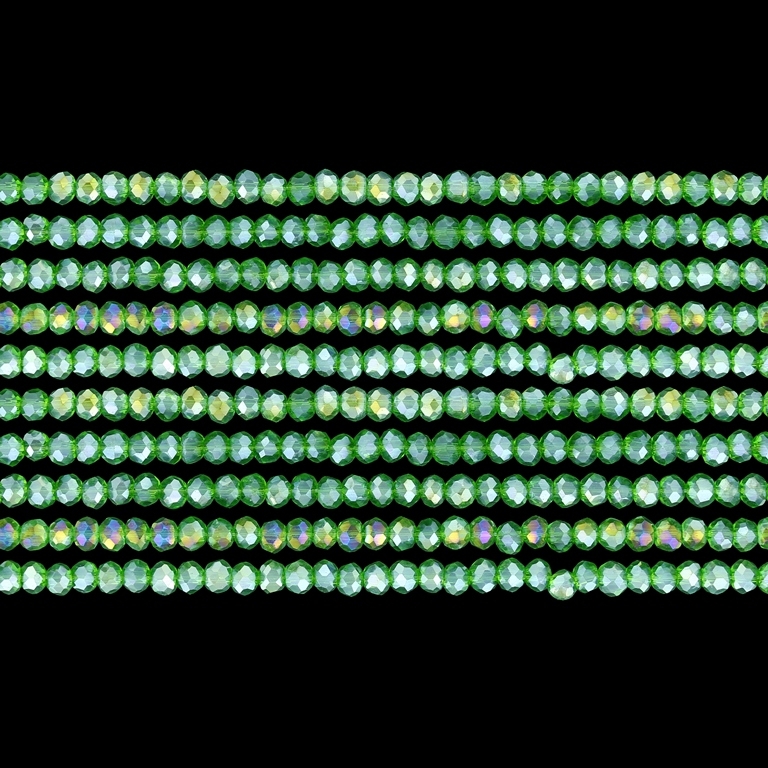 GLASS BEADS - FACETED RONDELLE CRYSTALS - 2.5x2mm - АВ TRANSPARENT - GREEN (LIGHT) 020AB - STRING (166pcs.) Hole-0.8mm