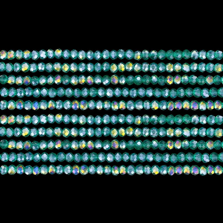 GLASS BEADS - FACETED RONDELLE CRYSTALS - 2.5x2mm - АВ TRANSPARENT - TURQUOISE GREEN 023AB - STRING (166pcs.) Hole-0.8mm