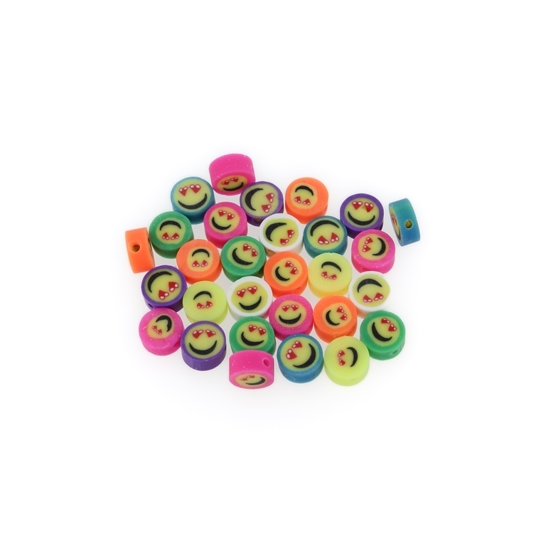 POLYMER CLAY FIMO BEADS - DISK - SMILE 01 - 8-9x4-5mm MIXED COLORS - PACKAGE 980pcs. Hole-1.6mm