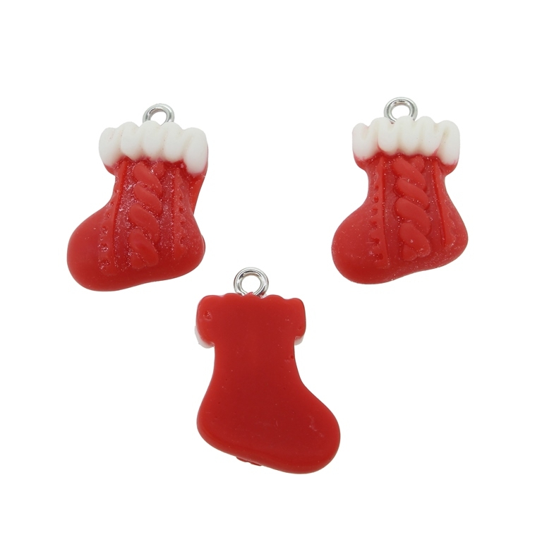 PLASTIC BEADS - RESIN 3D - PENDANT - CHRISTMAS SOCK 04 - 16x25x6mm RED-WHITE - 2pcs. Hole-2.0mm