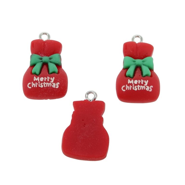 PLASTIC BEADS - RESIN 3D - PENDANT - CHRISTMAS BAG 01 - 15x25x7mm RED-GREEN-WHITE - 2pcs. Hole-2.0mm