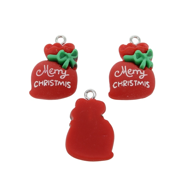 PLASTIC BEADS - RESIN 3D - PENDANT - CHRISTMAS BAG 02 - 16x24x7mm RED-WHITE-GREEN - 2pcs. Hole-2.0mm