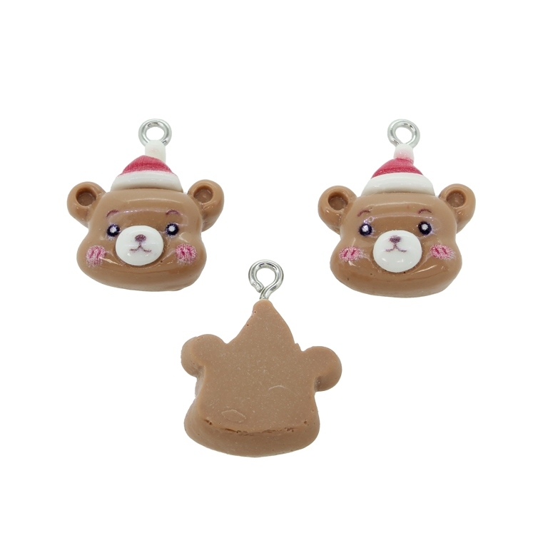 PLASTIC BEADS - RESIN 3D - PENDANT - BEAR 29 - 18x22x8mm BROWN (LIGHT)-RED-WHITE - 2pcs. Hole-2.0mm