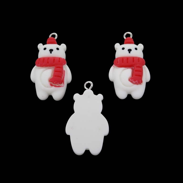 PLASTIC BEADS - RESIN 3D - PENDANT - BEAR 30 - 17x31x6mm WHITE-RED-BLACK - 2pcs. Hole-2.0mm