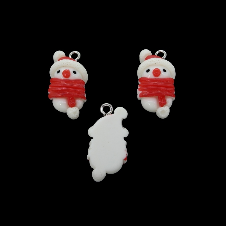 PLASTIC BEADS - RESIN 3D - PENDANT - SNOWMAN 13 - 13x25x8mm WHITE-RED-BLACK - 2pcs. Hole-2.0mm