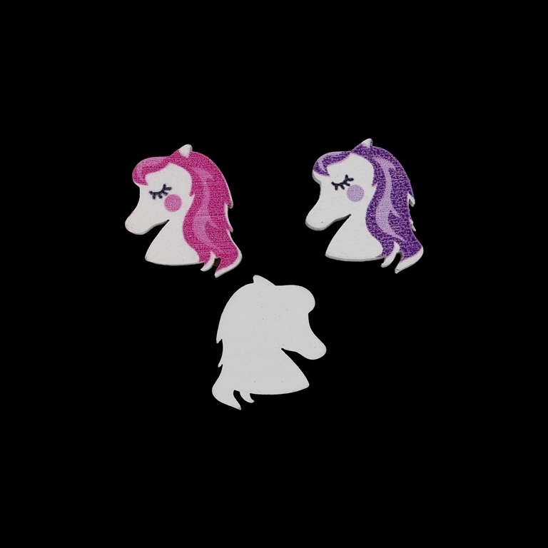 WOODEN FIGURES - UNICORN 02 - 19х24х5mm WHITE WITH PINK AND PURPLE - PACKAGE 100pcs. Hole-2.0mm