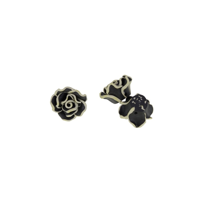 POLYMER CLAY FIMO BEADS - ROSE 02 EDGE - 21x13mm BLACK AND ECRU (DARK) 130 - PACKAGE 100pcs. Hole-2.0mm