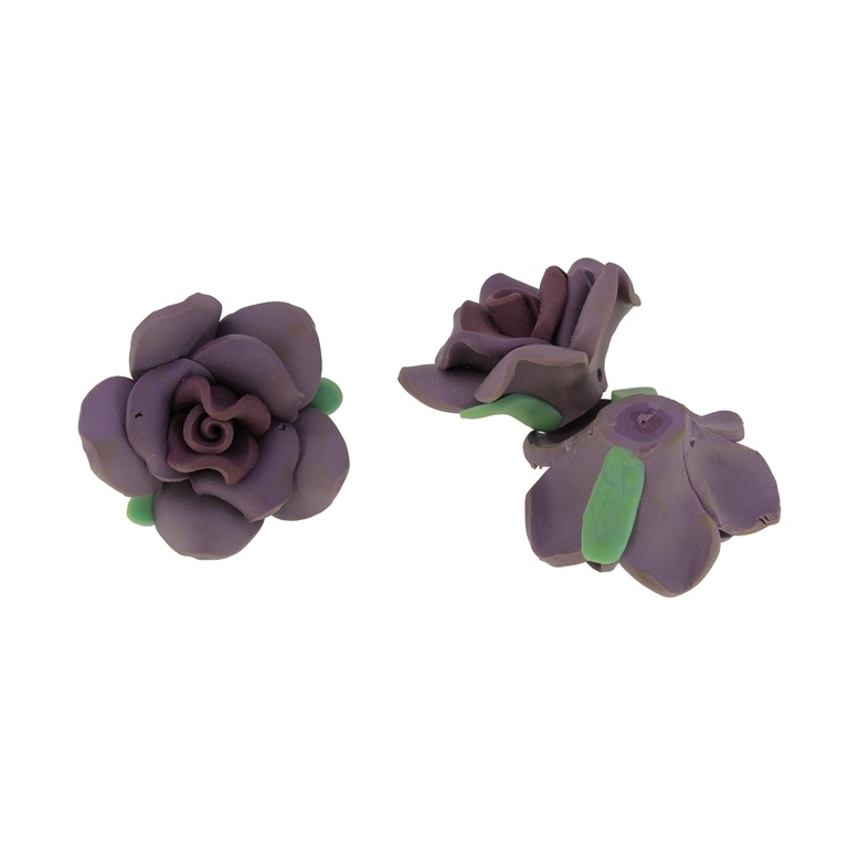 POLYMER CLAY FIMO BEADS - ROSE 07 - 32x16mm - ROSE DUST-PURPLE (LIGHT)-GREEN 01 - 4pcs. Hole-2.0mm