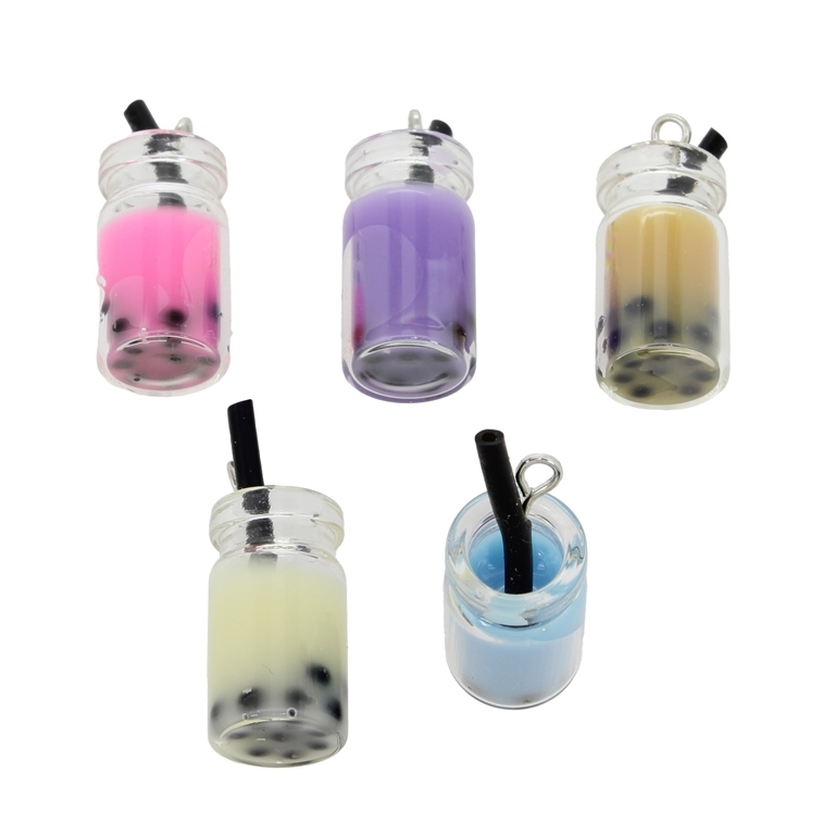 PLASTIC BEADS - RESIN 3D - PENDANT - GLASS-JAR WITH STRAW AND BUBBLE TEA 01 - 10x23mm - MIX - 2pcs. Hole-2.0mm