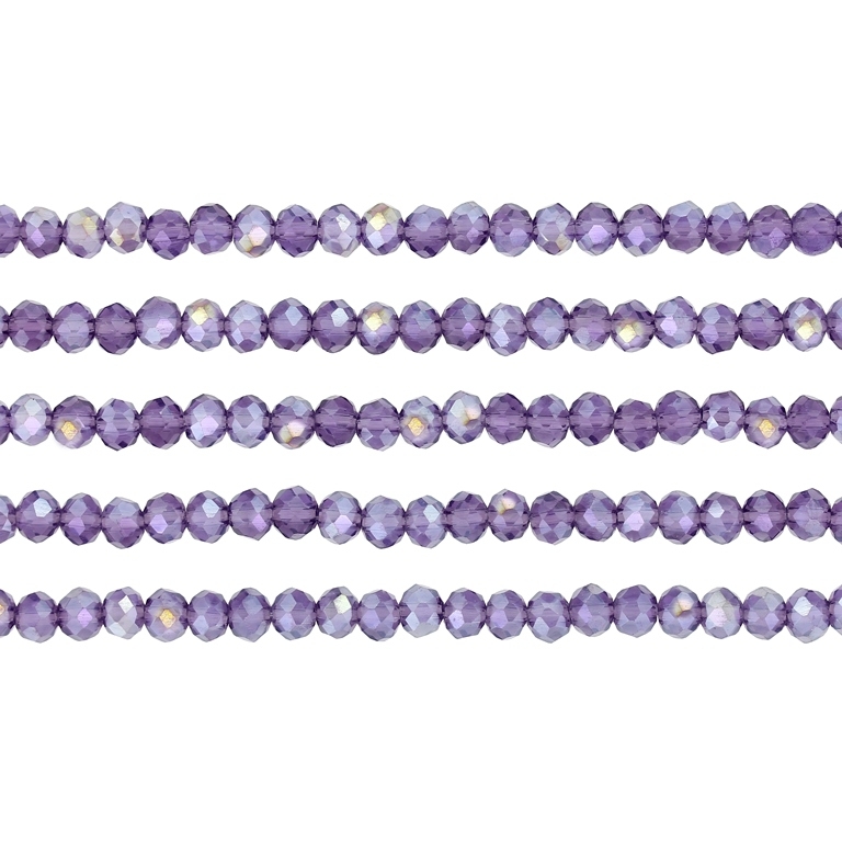 GLASS BEADS - FACETED RONDELLE CRYSTALS - 4x3mm - АВ TRANSPARENT - PURPLE (DARK) 010AB - STRING (128pcs.) Hole-1.0mm