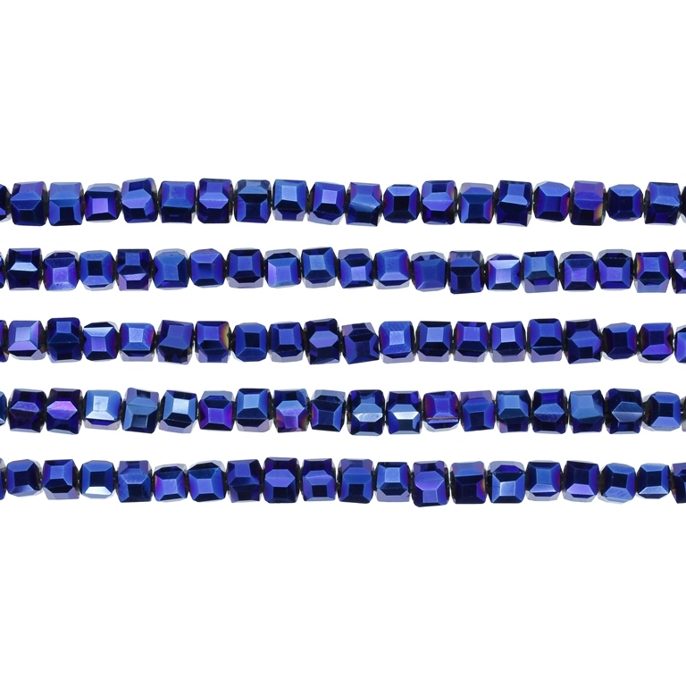  GLASS BEADS - CRYSTALS - CUBE 4x4mm - METALLIC - BLUE 117 - STRING (98pcs.) Hole-1.2mm