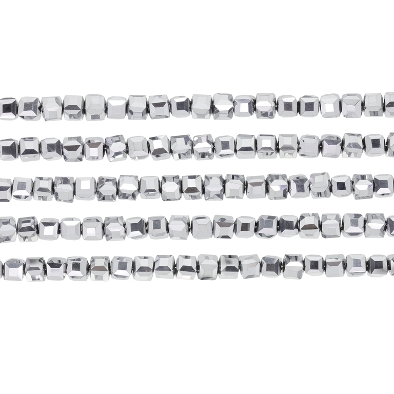  GLASS BEADS - CRYSTALS - CUBE 4x4mm - METALLIC - SILVER 110 - STRING (98pcs.) Hole-1.2mm