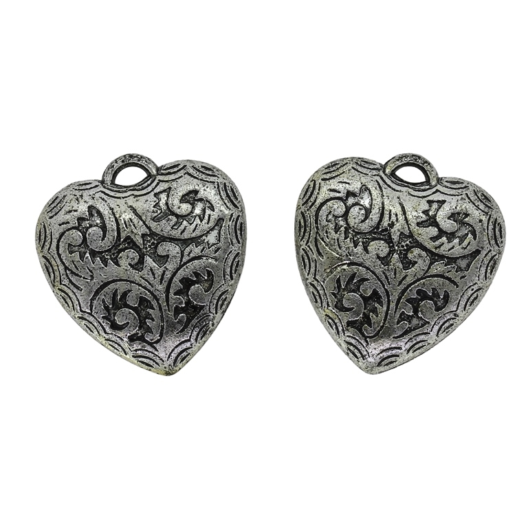 METAL PLATED PLASTIC / CCB PENDANTS - HEART RELIEF 05 - 24x26x5mm NICKEL - 50g Hole-3.4x2mm (27pcs.)