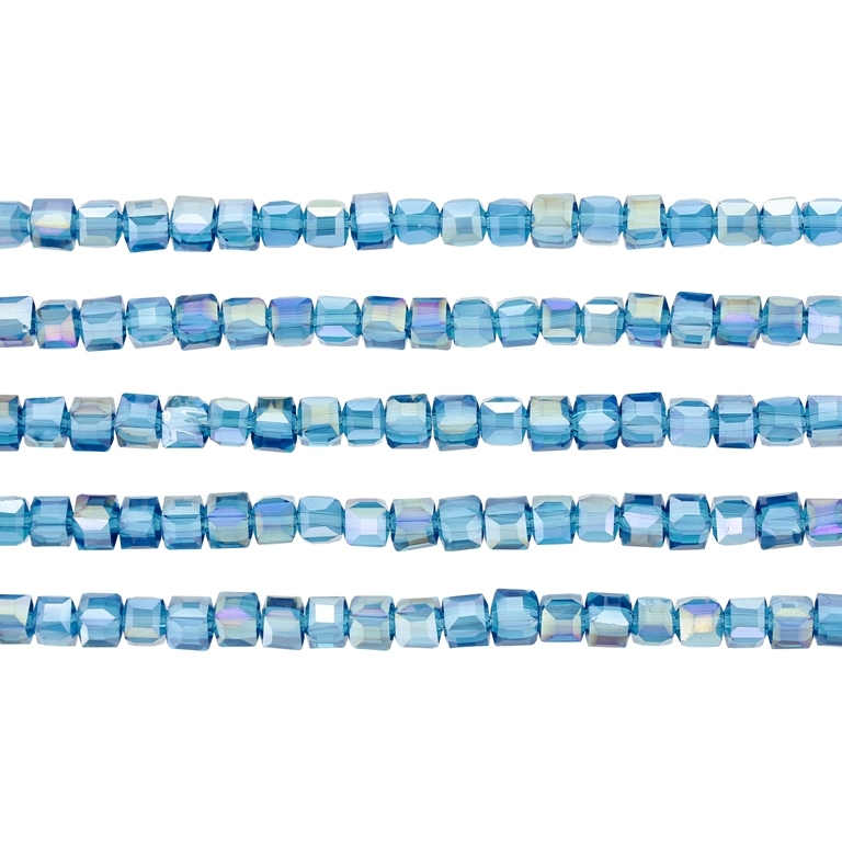 GLASS BEADS - CRYSTALS - CUBE 4х4mm - АВ TRANSPARENT - TURQUOISE BLUE 022АВ - STRING (98pcs.) Hole-1.2mm