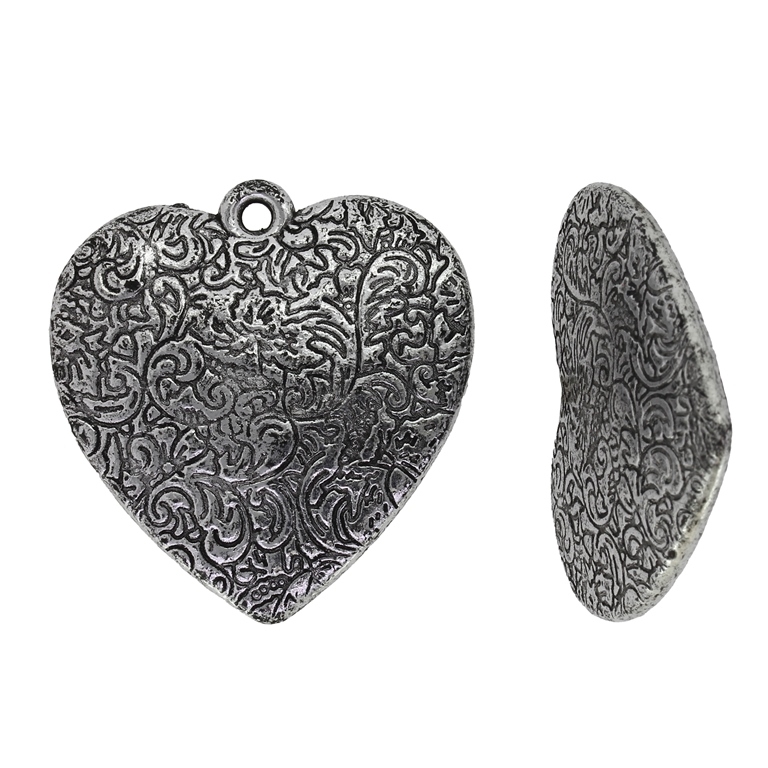 METAL PLATED PLASTIC / CCB PENDANTS - HEART RELIEF 06 - 38x40x5mm NICKEL - 50g Hole-2.6mm (11pcs.)