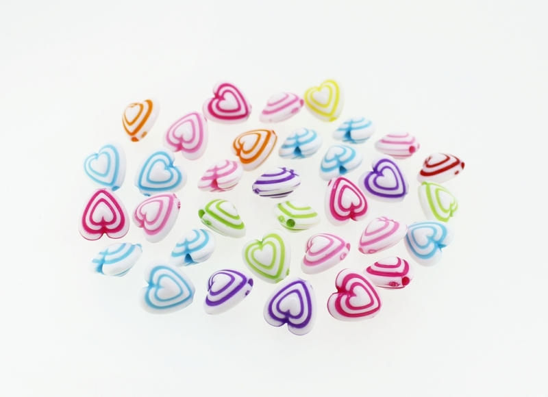 COLOR WASHED PLASTIC BEADS - HEART 05 GROOVE - 11x11x7mm MIX - PACKAGE 500g Hole-1.8mm (1420pcs.)