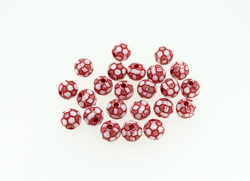 COLOR WASHED PLASTIC BEADS - FOOTBALL - 10mm WHITE WITH RED - PACKAGE 500g Hole-2.5mm (980pcs.)