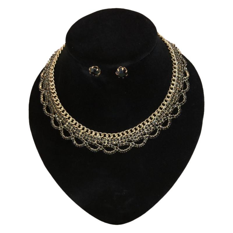 JEWELRY - SET - CHAIN ​​WITH CRYSTALS - S60 - GOLD WITH BLACK - 1 set