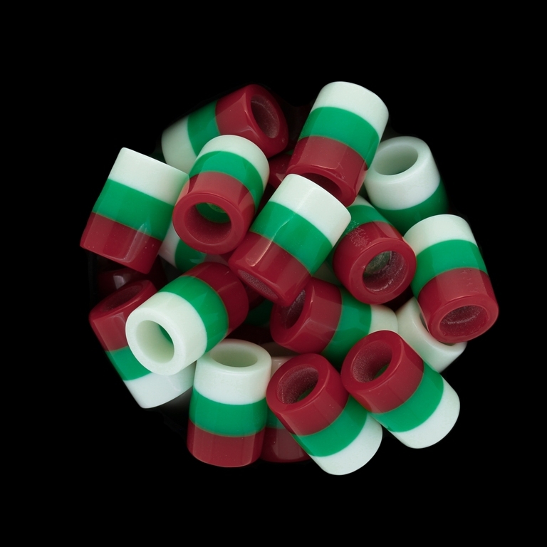 RESIN PLASTIC BEADS - CYLINDER RESIN STRIPE BEADS - 14x10mm TRICOLOR 02 RED (DARK) - 20pcs. Hole-6.0mm