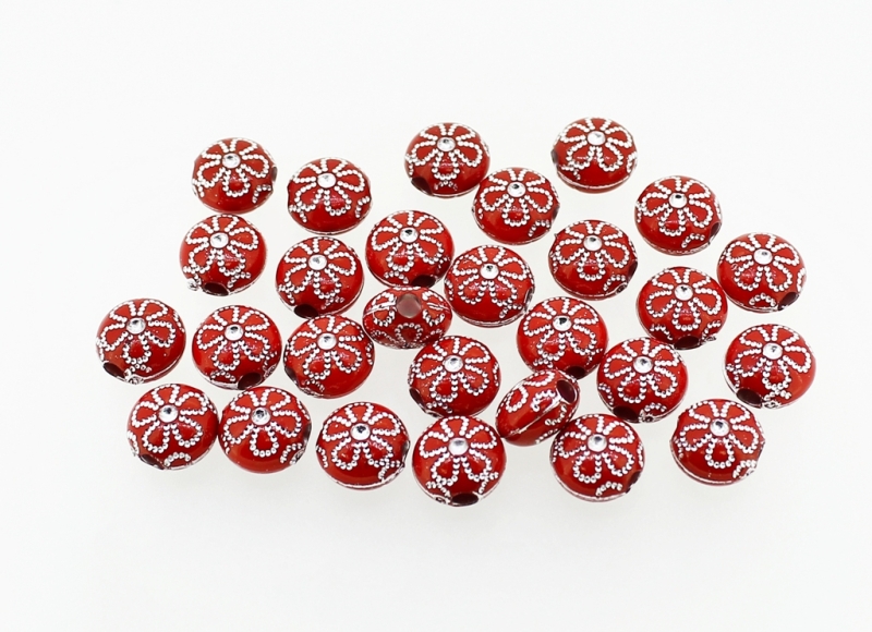 OPAQUE SILVER WASHED PLASTIC BEADS - FLAT ROUND FLOWER - 10x6mm RED - 50g Hole-2.8mm (140pcs.)