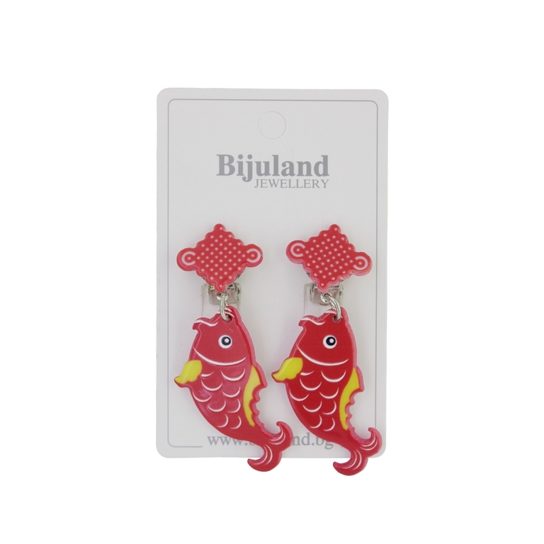 JEWELRY - EARRINGS - CLIP ON - CHILDREN'S - MACRAMÉ WITH FISH Е425 - RED-YELLOW - 1 pair