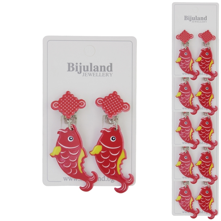 JEWELRY - EARRINGS - CLIP ON - CHILDREN'S - MACRAMÉ WITH FISH Е425 - RED-YELLOW - PACKAGE 6 pairs