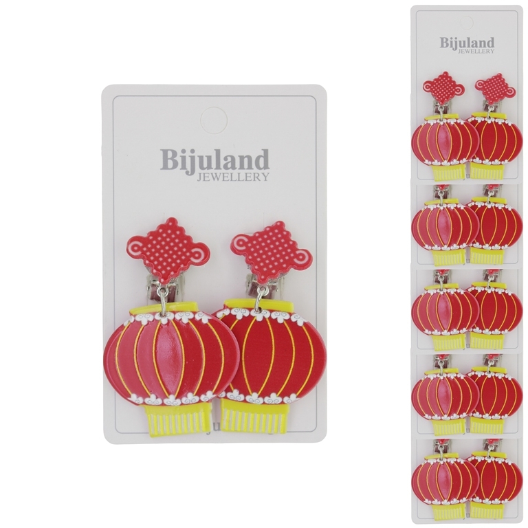 JEWELRY - EARRINGS - CLIP ON - CHILDREN'S - MACRAMÉ WITH LANTERN Е426 - RED-YELLOW - PACKAGE 6 pairs