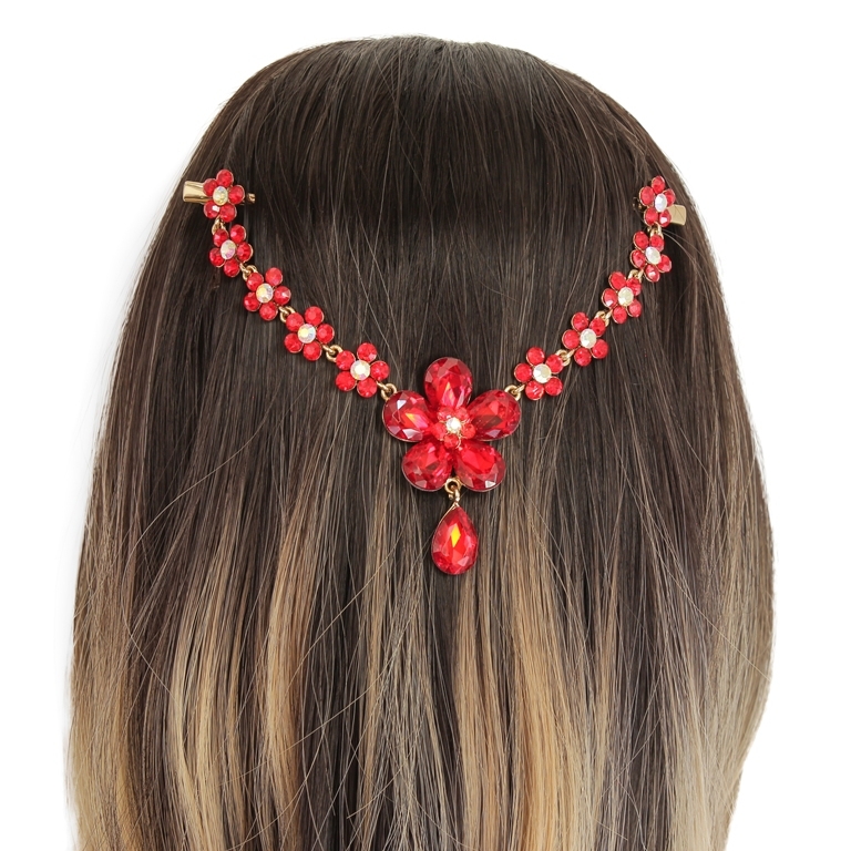 JEWELRY - HEADPIECE WITH CROCODILE DUCKBILL HAIR CLIP UK011 - GOLD WITH RED - PACKAGE 3pcs.