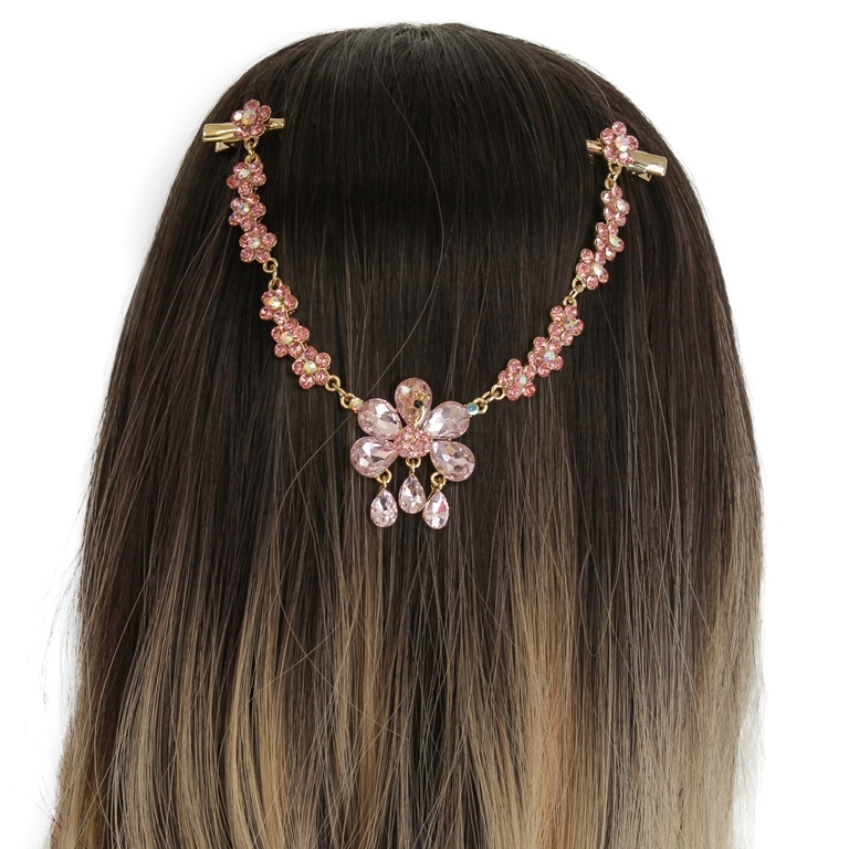 JEWELRY - HEADPIECE WITH CROCODILE DUCKBILL HAIR CLIP UK015 - GOLD WITH PINK (LIGHT) - PACKAGE 3pcs.