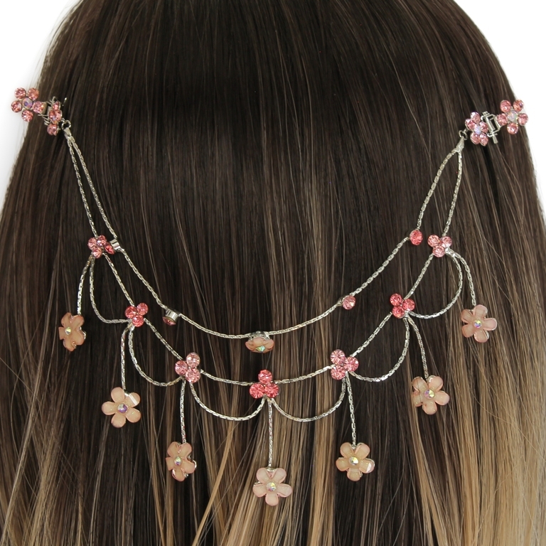 JEWELRY - HEADPIECE WITH CLAW HAIR CLIP UK001 - SILVER WITH PINK (DARK)-PEACH - 1pc.