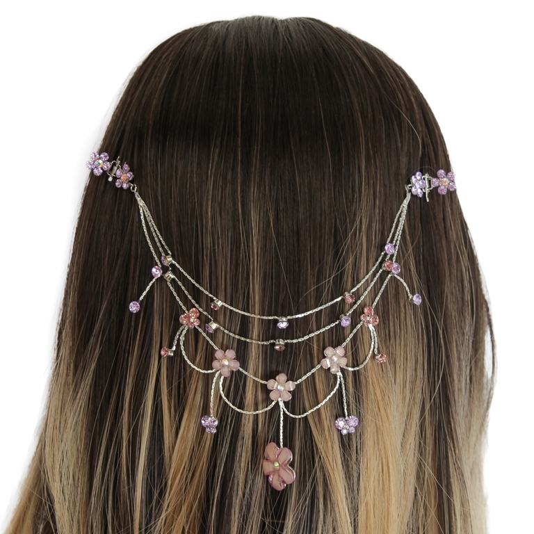 JEWELRY - HEADPIECE WITH CLAW HAIR CLIP UK002 - SILVER WITH PURPLE-ROSE DUST - PACKAGE 3pcs.