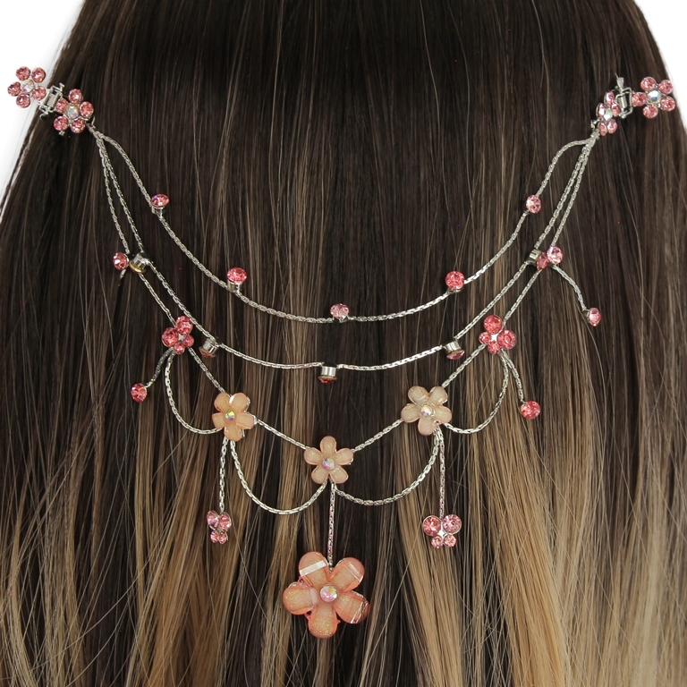 JEWELRY - HEADPIECE WITH CLAW HAIR CLIP UK002 - SILVER WITH PINK (DARK)-PEACH - 1pc.