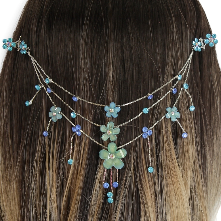 JEWELRY - HEADPIECE WITH CLAW HAIR CLIP UK003 - SILVER WITH TURQUOISE-BLUE - 1pc.