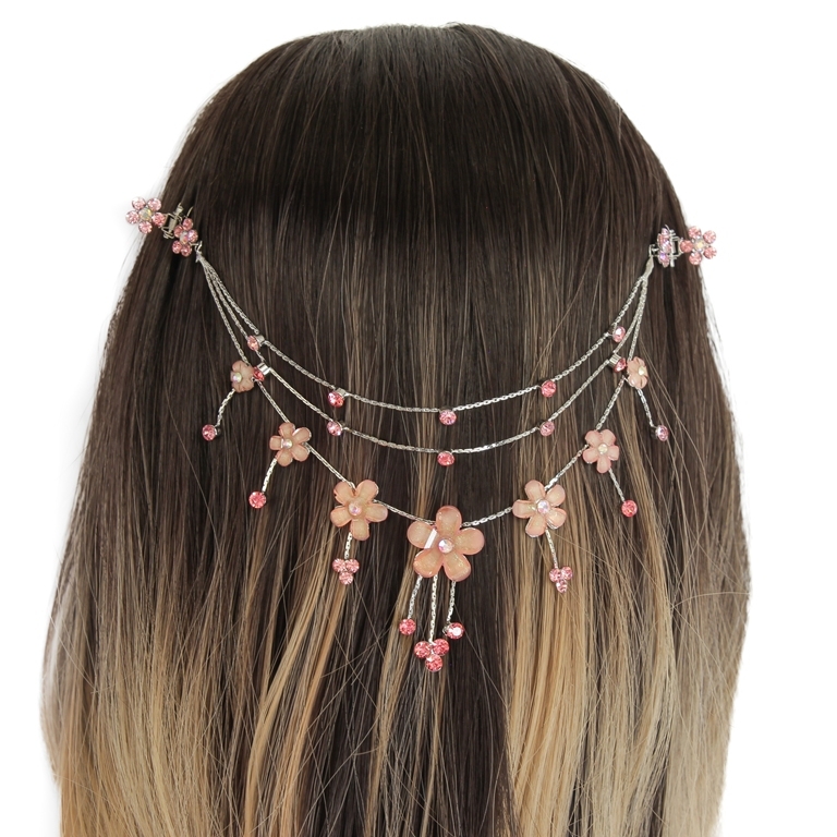 JEWELRY - HEADPIECE WITH CLAW HAIR CLIP UK004 - SILVER WITH PINK (DARK)-PEACH - PACKAGE 3pcs.