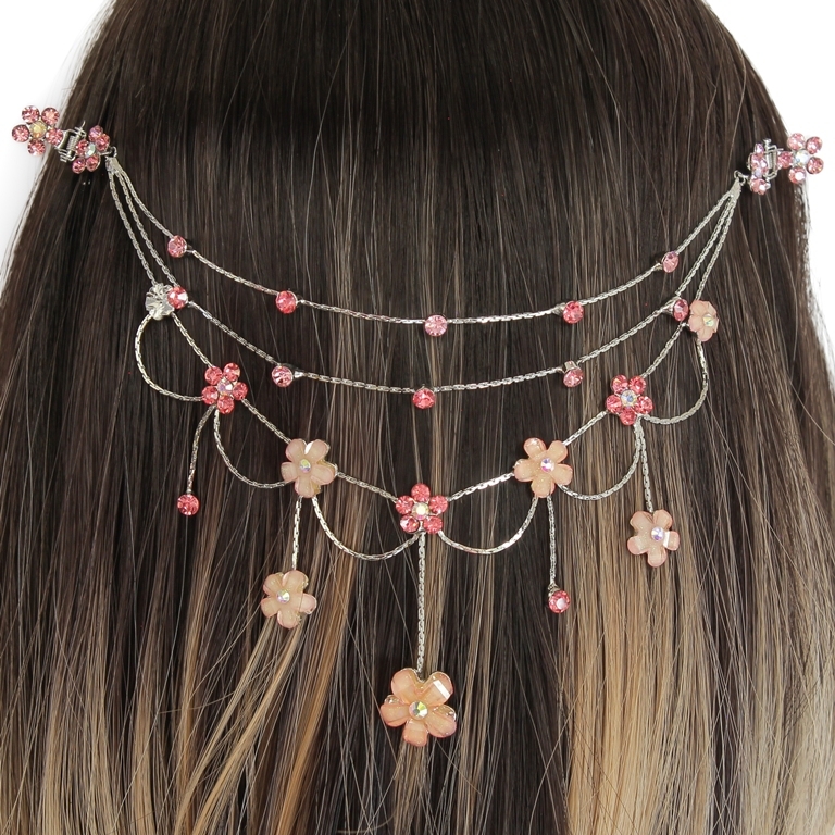 JEWELRY - HEADPIECE WITH CLAW HAIR CLIP UK005 - SILVER WITH PINK (DARK)-PEACH - 1pc.