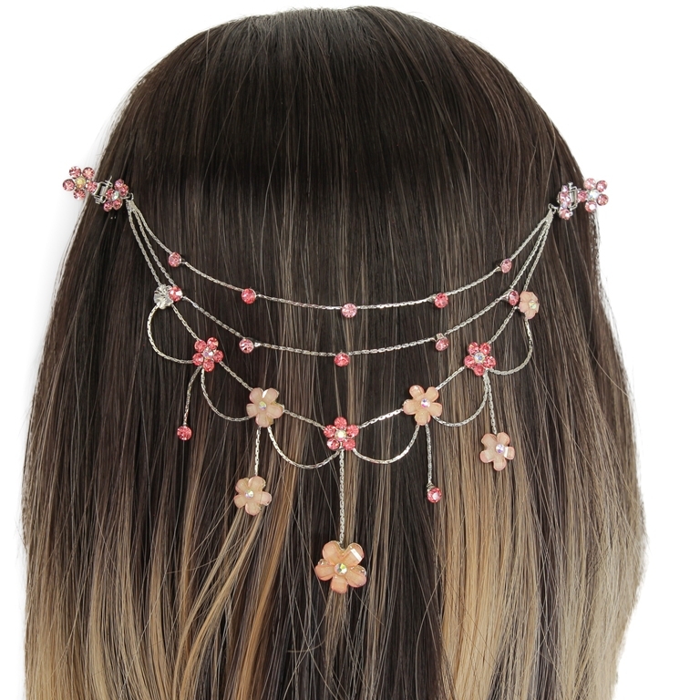 JEWELRY - HEADPIECE WITH CLAW HAIR CLIP UK005 - SILVER WITH PINK (DARK)-PEACH - PACKAGE 3pcs.