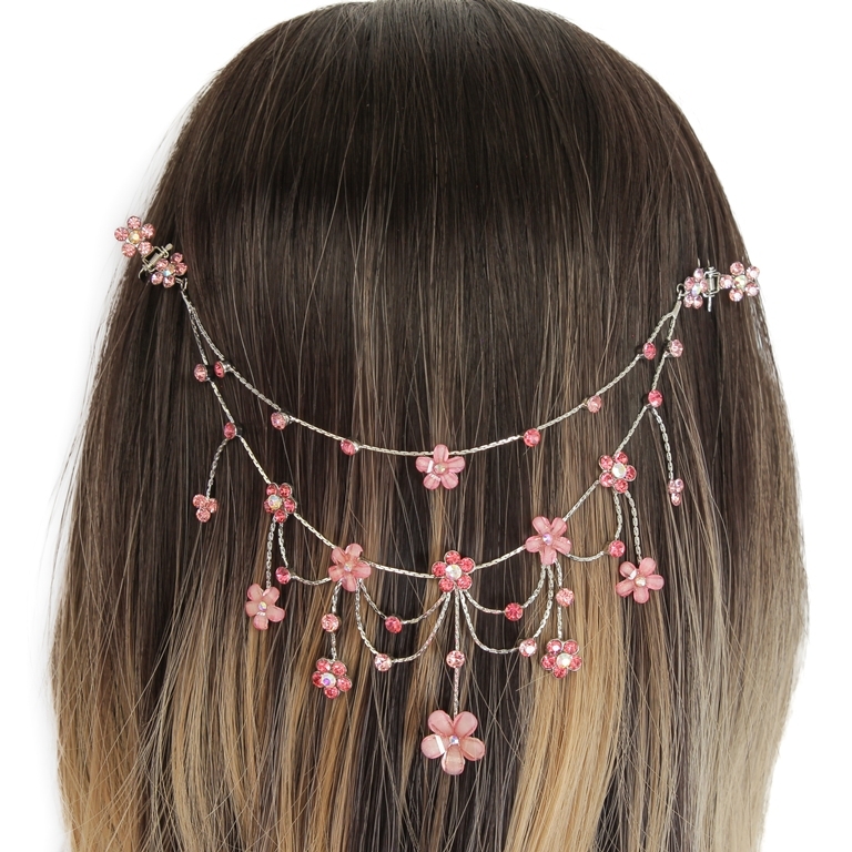 JEWELRY - HEADPIECE WITH CLAW HAIR CLIP UK006 - SILVER WITH PINK (DARK)-PINK - PACKAGE 3pcs.