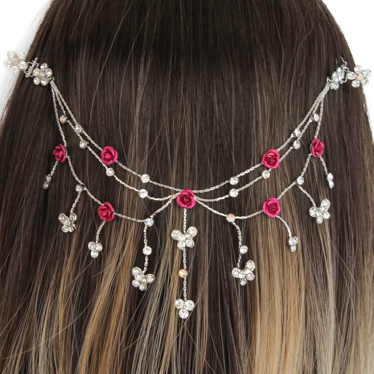 JEWELRY - HEADPIECE WITH CLAW HAIR CLIP UK007 - SILVER WITH WHITE-CYCLAMEN (DARK) - 1pc.