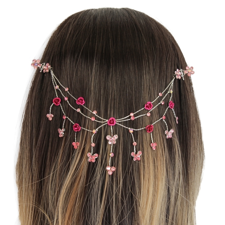 JEWELRY - HEADPIECE WITH CLAW HAIR CLIP UK007 - SILVER WITH PINK-CYCLAMEN (DARK) - PACKAGE 3pcs.