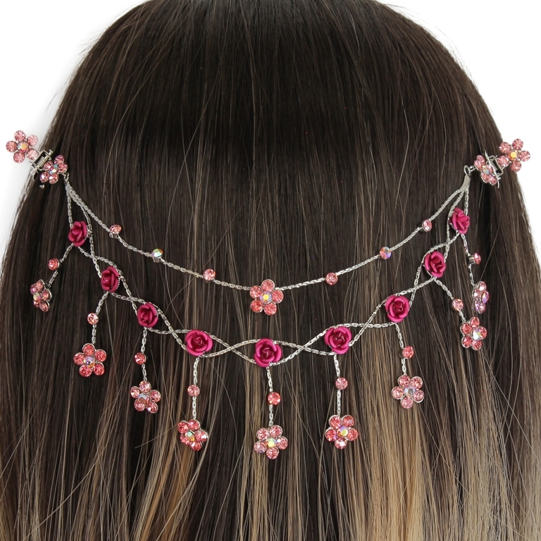 JEWELRY - HEADPIECE WITH CLAW HAIR CLIP UK008 - SILVER WITH PINK-CYCLAMEN (DARK) - 1pc.