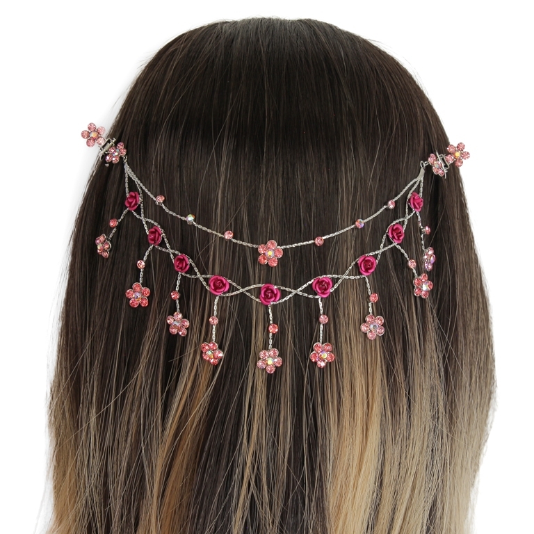 JEWELRY - HEADPIECE WITH CLAW HAIR CLIP UK008 - SILVER WITH PINK-CYCLAMEN (DARK) - PACKAGE 3pcs.