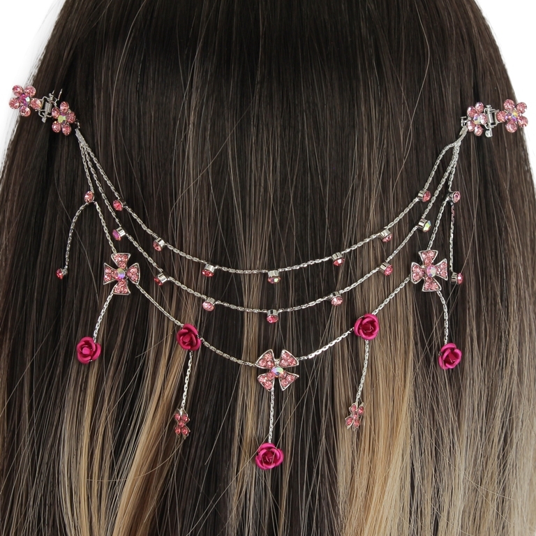 JEWELRY - HEADPIECE WITH CLAW HAIR CLIP UK009 - SILVER WITH PINK-CYCLAMEN (DARK) - 1pc.